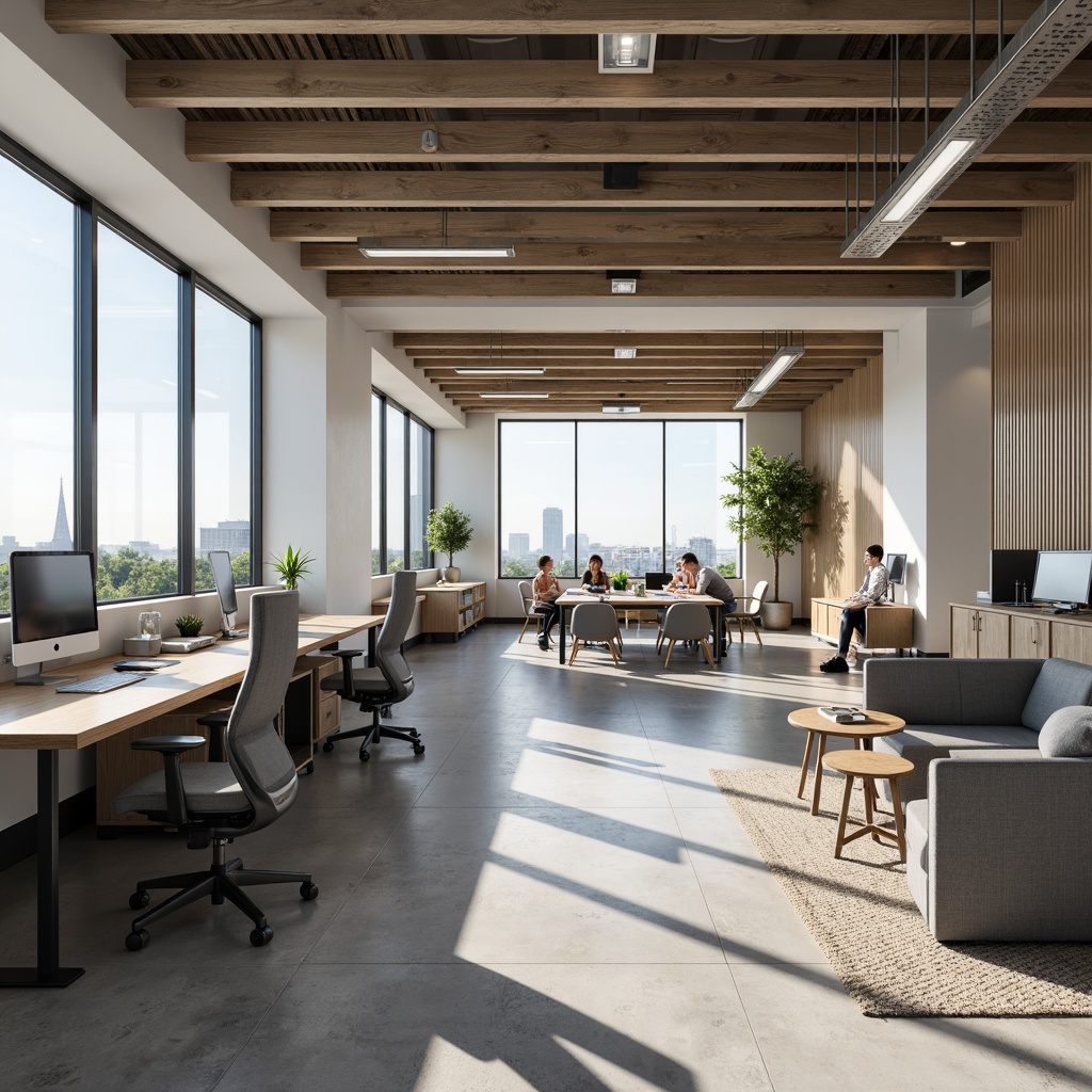 Prompt: Optimized office space, modern minimalist decor, functional furniture, ergonomic chairs, spacious workstations, efficient storage solutions, collaborative meeting areas, acoustic panels, natural light exposure, calming color scheme, sleek metallic accents, geometric patterns, subtle textures, 1/1 composition, softbox lighting, realistic reflections, ambient occlusion.