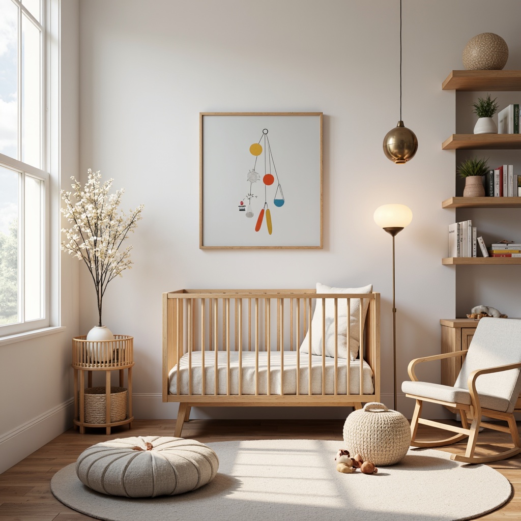 Prompt: Whimsical baby room, minimalist crib, natural wood accents, soft pastel colors, geometric mobiles, abstract wall art, modernist furniture, innovative lighting fixtures, spherical pendant lamps, industrial-style metal shades, warm LED ambient lighting, cozy reading nook, plush area rug, Scandinavian-inspired textiles, playful toy storage, functional shelves, 1/1 composition, softbox lighting, shallow depth of field.