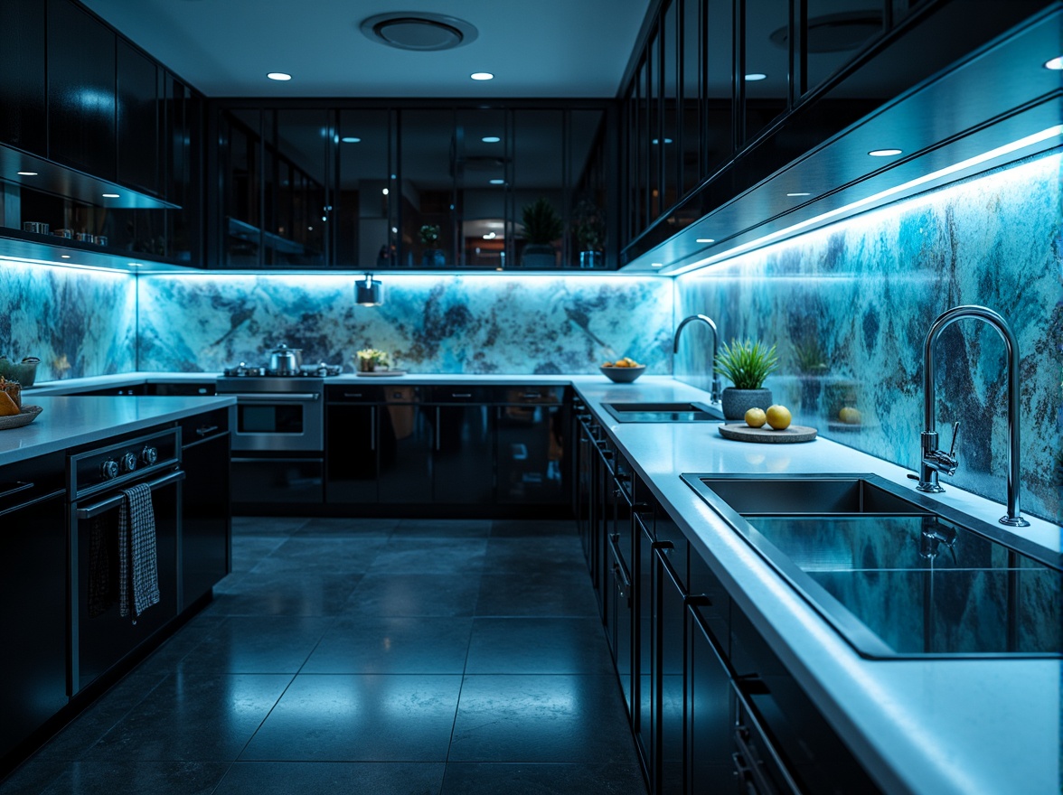 Prompt: Glossy kitchen cabinets, metallic accents, neon-lit countertops, futuristic appliances, sleek induction cooktops, minimalist island designs, high-gloss finishes, LED lighting strips, abstract geometric patterns, iridescent glass backsplashes, robotic arm faucets, avant-garde sink basins, polished chrome hardware, ambient blue glow, shallow depth of field, 1/1 composition, cinematic view, realistic reflections, advanced smart home systems.