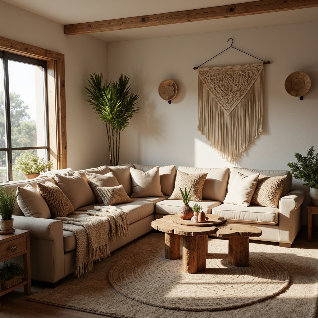 Prompt: Cozy living room, plush velvet sofas, soft woven blankets, natural fiber rugs, chunky knit throw pillows, macrame wall hangings, rustic wooden coffee tables, warm beige color palette, softbox lighting, 1/1 composition, intimate atmosphere, realistic fabric textures, subtle shadowing.