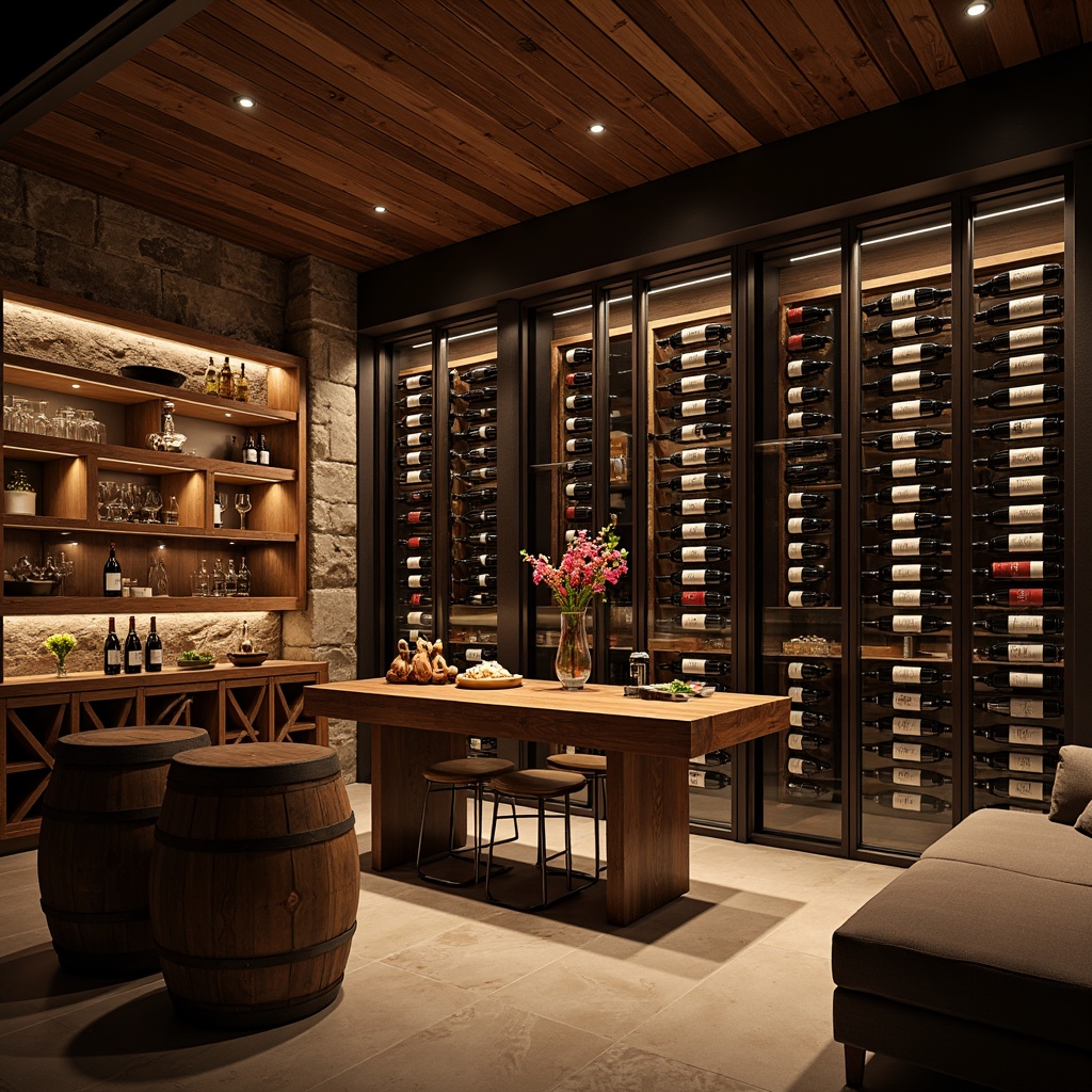 Prompt: Luxurious wine cellar, rich wood tones, dim warm lighting, sleek metal racks, climate-controlled environment, humidity sensors, temperature regulation systems, premium glass doors, LED display shelves, bottle grooves, wooden crates, wine barrels, rustic stone walls, ambient shadows, soft focus, 1/2 composition, realistic reflections.