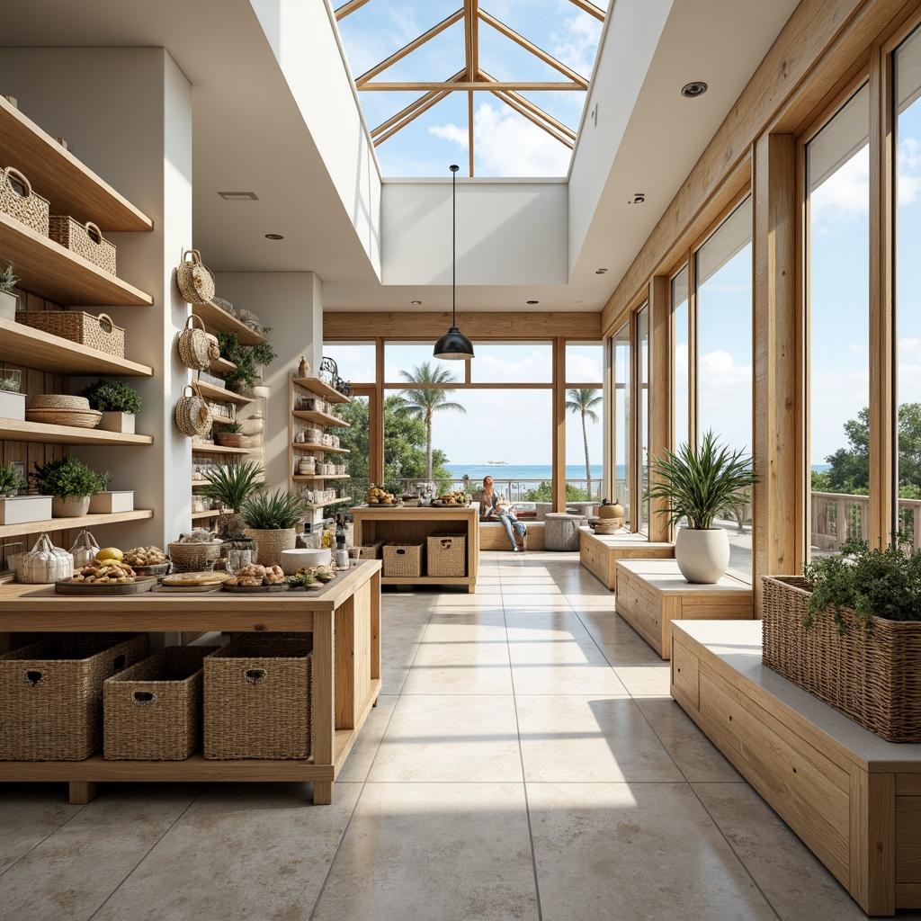 Prompt: Coastal-themed grocery store, natural materials, reclaimed wood accents, nautical rope details, ocean-inspired color palette, soft creamy whites, calming blues, sandy neutrals, abundant natural light, large skylights, clerestory windows, sliding glass doors, open floor plan, minimalist shelving, woven wicker baskets, potted greenery, driftwood decorative elements, warm rustic textures, subtle beachy scents, gentle ocean breeze sounds, 1/2 composition, softbox lighting, realistic reflections.