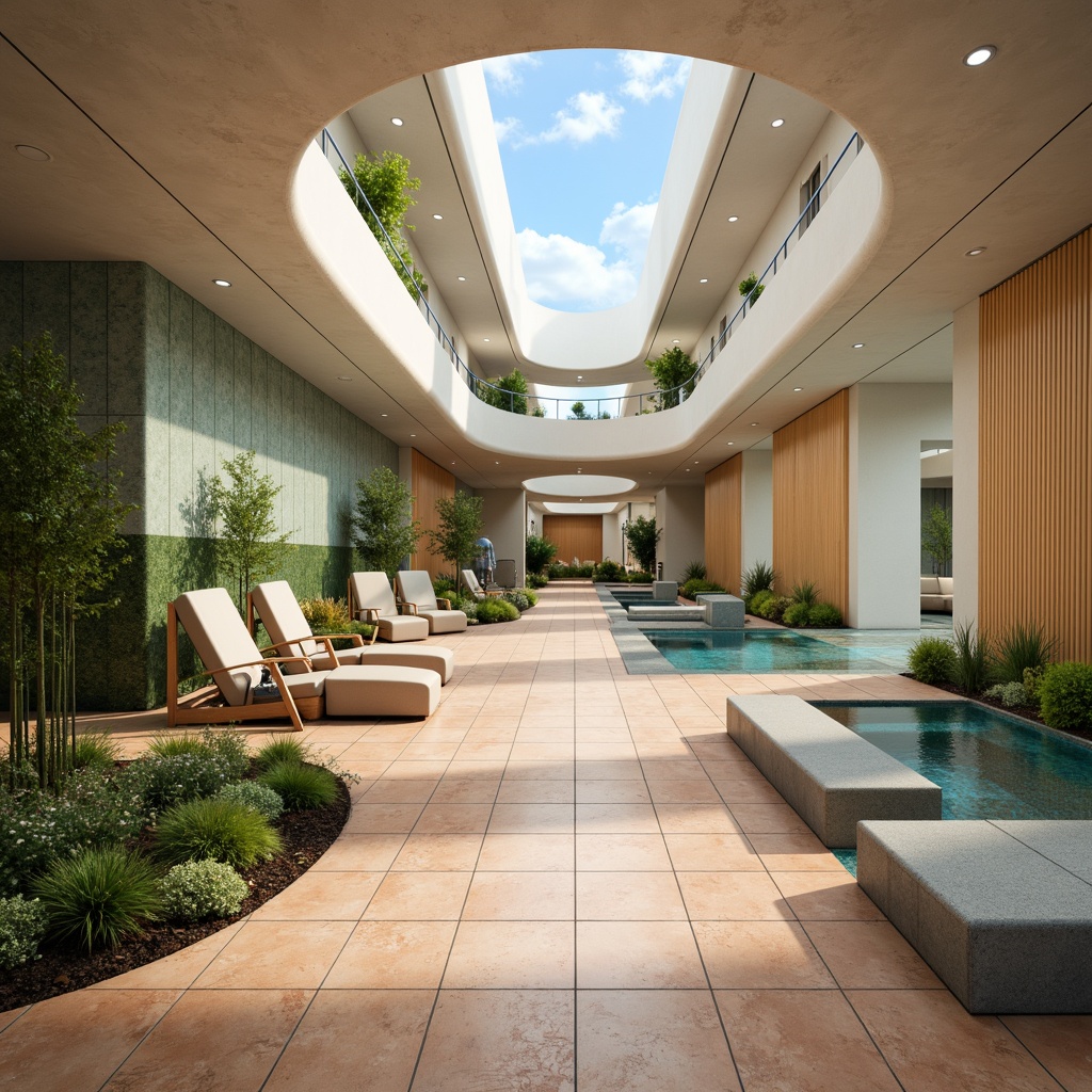 Prompt: Calming healthcare facility, soft pastel hues, gentle beige tones, soothing blue shades, natural wood accents, earthy terracotta flooring, serene water features, lush green walls, peaceful ambiance, warm LED lighting, shallow depth of field, 1/1 composition, realistic textures, ambient occlusion.