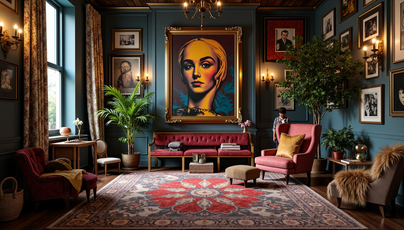 Prompt: Vibrant eclectic interior, mixed patterned rugs, distressed wood furniture, ornate gold frames, vintage decorative items, bold colorful artwork, textured velvet fabrics, luxurious faux fur throws, antique bronze hardware, rich jewel-toned walls, soft warm lighting, atmospheric shadows, 1/2 composition, cinematic mood, detailed textures, subtle ambient occlusion.