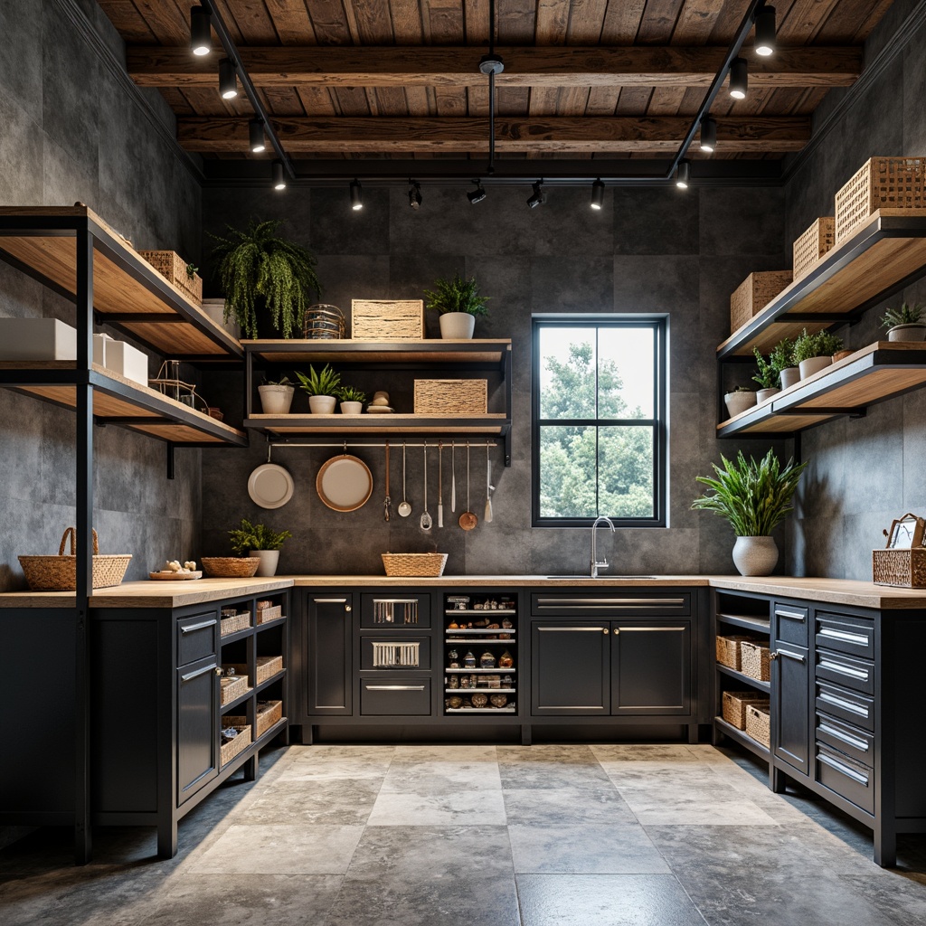 Prompt: Industrial-chic garage, metal shelving units, reclaimed wood accents, modern minimalist decor, sleek silver hardware, adjustable storage systems, epoxy-coated floors, track lighting, matte black finish, geometric patterns, urban loft aesthetic, distressed textures, functional workstations, tool organizers, storage bins, baskets, and crates.