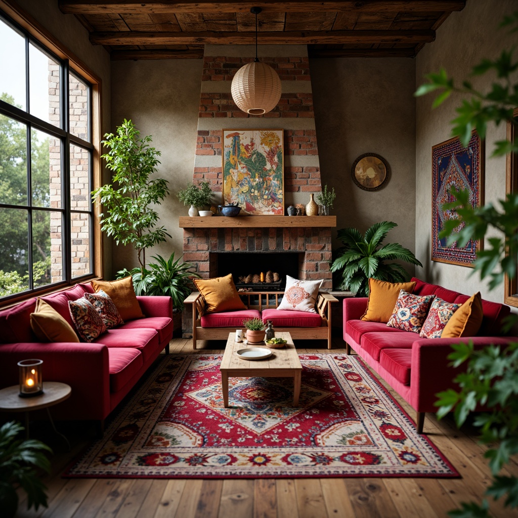 Prompt: Vibrant bohemian living room, rich velvet sofas, distressed wooden floors, ornate Moroccan tiles, eclectic vintage decor, bold colorful patterns, intricate Indian textiles, lush greenery, natural stone walls, industrial metal accents, reclaimed wood beams, warm cozy lighting, soft focus blur, 1/1 composition, shallow depth of field, cinematic color grading.