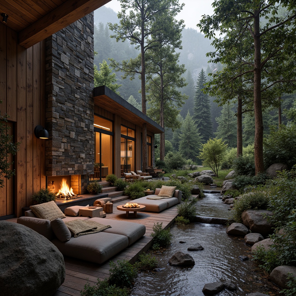 Prompt: Rustic mountain lodge, natural stone walls, wooden accents, earthy color palette, reclaimed wood beams, cozy fireplace, plush furnishings, woven textiles, organic patterns, nature-inspired decor, ambient lighting, soft shadows, misty atmosphere, serene landscape, towering trees, winding forest paths, gentle stream flow.