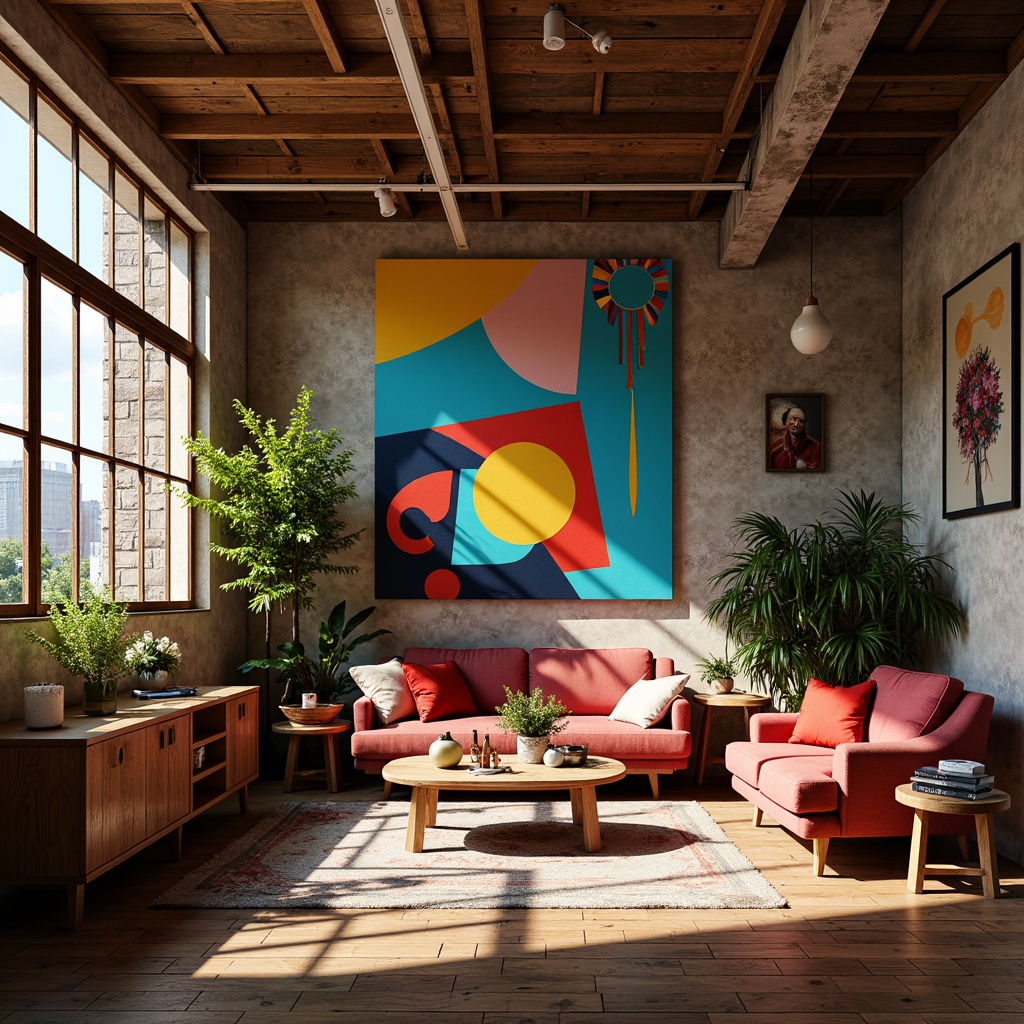 Prompt: Vibrant artistic studio, natural wood accents, eclectic furniture, abstract artwork, bold color blocking, contrasting textures, modern industrial chic, exposed brick walls, reclaimed wooden floors, urban loft atmosphere, softbox lighting, warm atmospheric glow, cinematic composition, 3/4 framing, realistic rendering, ambient occlusion.