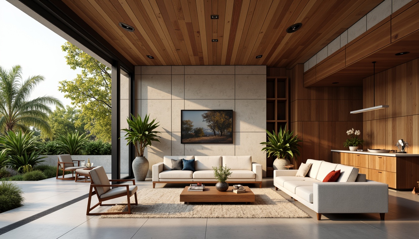 Prompt: Mid-century modern living room, statement walls, bold geometric patterns, 3D textured surfaces, natural wood accents, minimalist decor, floor-to-ceiling windows, sliding glass doors, lush greenery, tropical plants, abstract artwork, sculptural furniture, soft warm lighting, ambient shadows, 1/1 composition, cinematic view, realistic renderings, subtle depth of field.