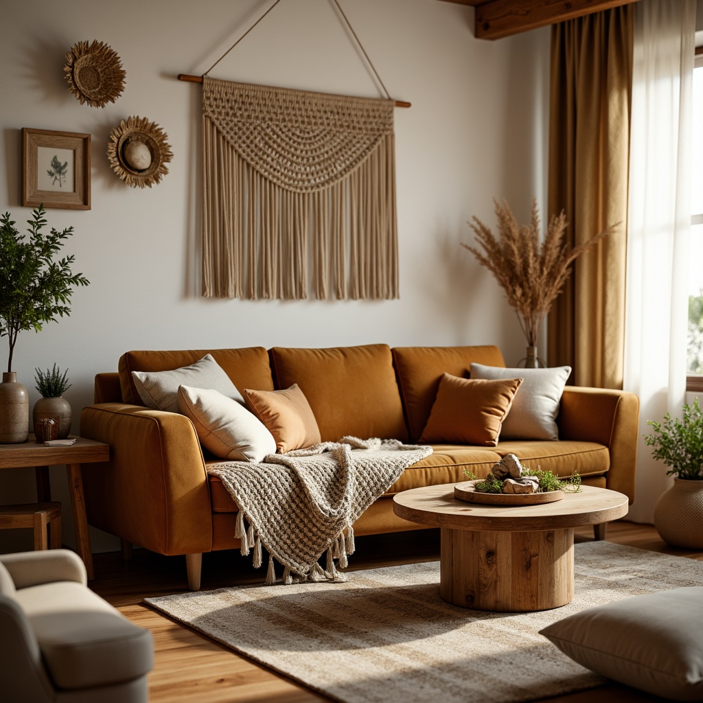 Prompt: Cozy living room, plush area rug, soft velvet sofa, chunky knit throw blanket, natural woven baskets, macrame wall hanging, earthy terracotta vase, warm beige curtains, textured linen upholstery, comfortable oversized pillows, rustic wooden coffee table, ambient warm lighting, shallow depth of field, 1/1 composition, inviting atmosphere.