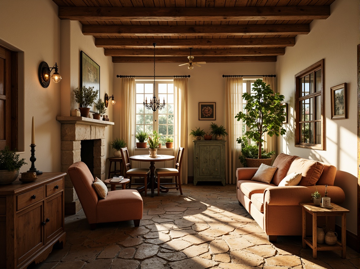 Prompt: Rustic French country cottage, warm golden lighting, soft candle glow, elegant chandeliers, ornate metalwork, distressed wood accents, vintage pendant lamps, cream-colored walls, rich velvet fabrics, antique furniture pieces, natural stone floors, earthy color palette, morning sunlight, warm beige tones, romantic ambiance, subtle shadows, 1/2 composition, warm color temperature, realistic textures.