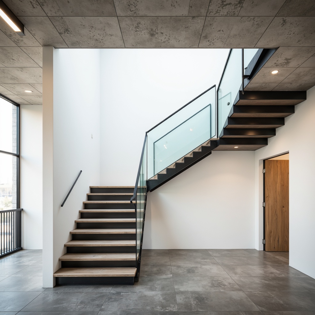 Prompt: Floating staircase, minimalist design, transparent glass railings, sleek metal banisters, open-plan layout, natural light pouring in, white walls, polished concrete floors, industrial chic decor, urban loft atmosphere, airy feel, shallow depth of field, 1/1 composition, soft warm lighting, subtle shadows, realistic textures, ambient occlusion.