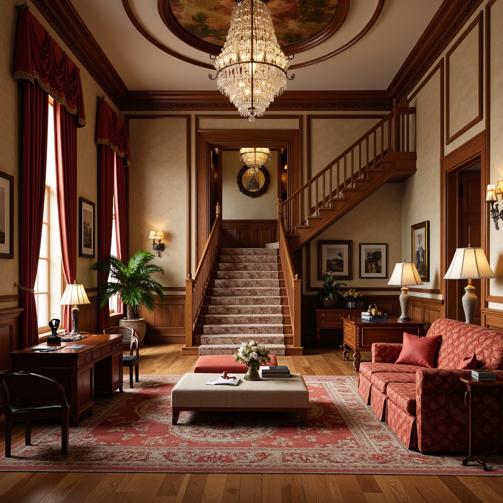 Prompt: Rich wood tones, ornate carvings, plush upholstery, velvet drapes, crystal chandeliers, luxurious fabrics, tufted sofas, wooden armchairs, marble coffee tables, elegant desks, refined conference tables, comfortable ottomans, classic wingback chairs, sophisticated floor lamps, warm beige walls, polished hardwood floors, intricate moldings, grand staircases, majestic entrance halls, opulent furnishings, inviting ambiance, warm soft lighting, shallow depth of field, 3/4 composition, realistic textures, ambient occlusion.