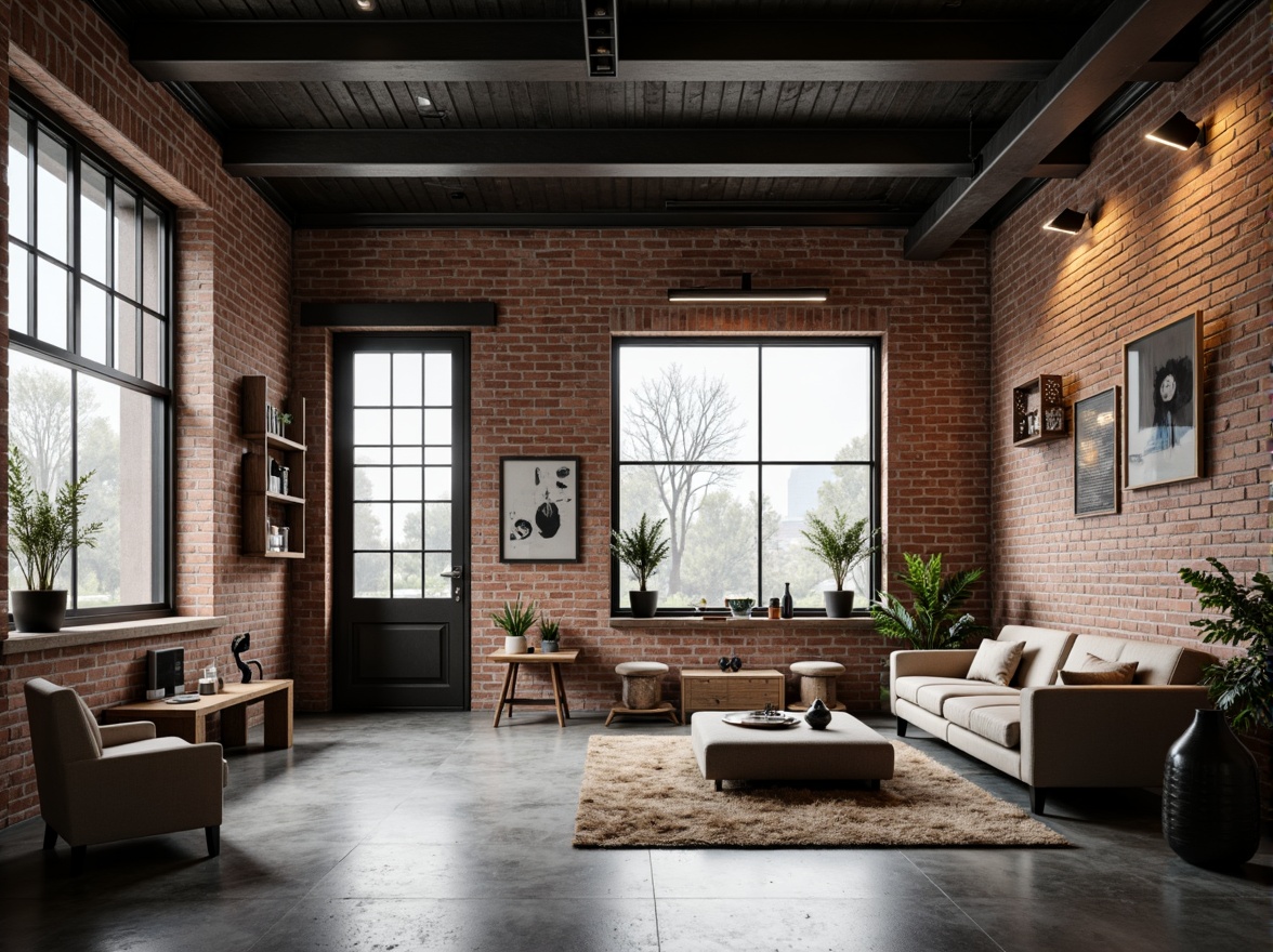 Prompt: Minimalist loft space, industrial chic decor, exposed brick walls, polished concrete floors, modern streamline furniture, sleek metal beams, floor-to-ceiling windows, abundant natural light, warm cozy ambiance, pendant lighting fixtures, Edison bulb lamps, matte black finishes, geometric-shaped sconces, recessed ceiling lights, ambient glow, soft warm shadows, 1/1 composition, realistic textures, subtle color palette.