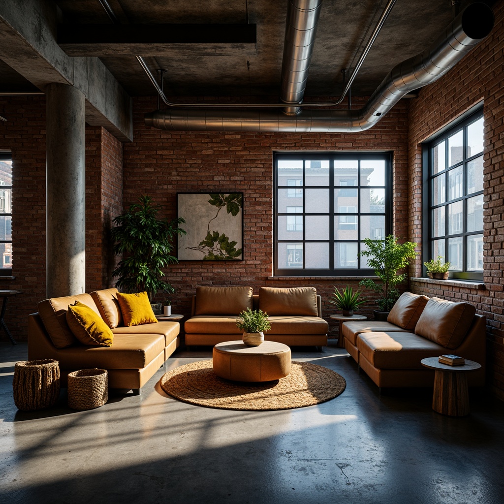 Prompt: Industrial chic loft interior, exposed brick walls, polished concrete floors, reclaimed wood accents, minimalist decor, metallic tones, rich leather textures, warm golden lighting, atmospheric shadows, 1/2 composition, shallow depth of field, cinematic mood, moody color palette, deep blues, industrial grays, earthy browns, vibrant yellow accents, sleek lines, modern urban feel.