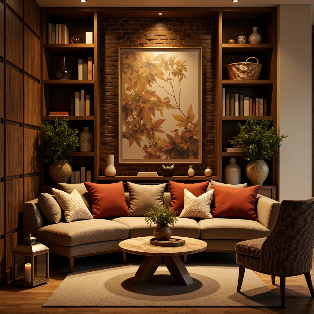 Prompt: Cozy reading nook, warm wooden paneling, plush velvet pillows, soft golden lighting, rustic metal lanterns, vintage bookshelves, distressed brick walls, natural woven baskets, earthy tone artwork, textured linen fabrics, organic shapes, 1/2 composition, shallow depth of field, warm color palette.