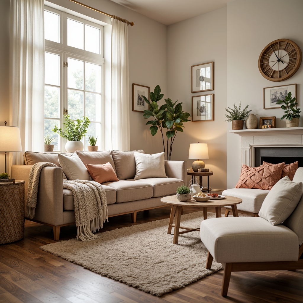 Prompt: Cozy living room, plush throw blankets, velvet sofas, chunky knit pillows, woven baskets, natural fiber rugs, soft pastel colors, warm beige tones, inviting ambiance, comfortable seating areas, floor lamps, table lamps, warm white lighting, shallow depth of field, 2/3 composition, realistic textures, ambient occlusion.