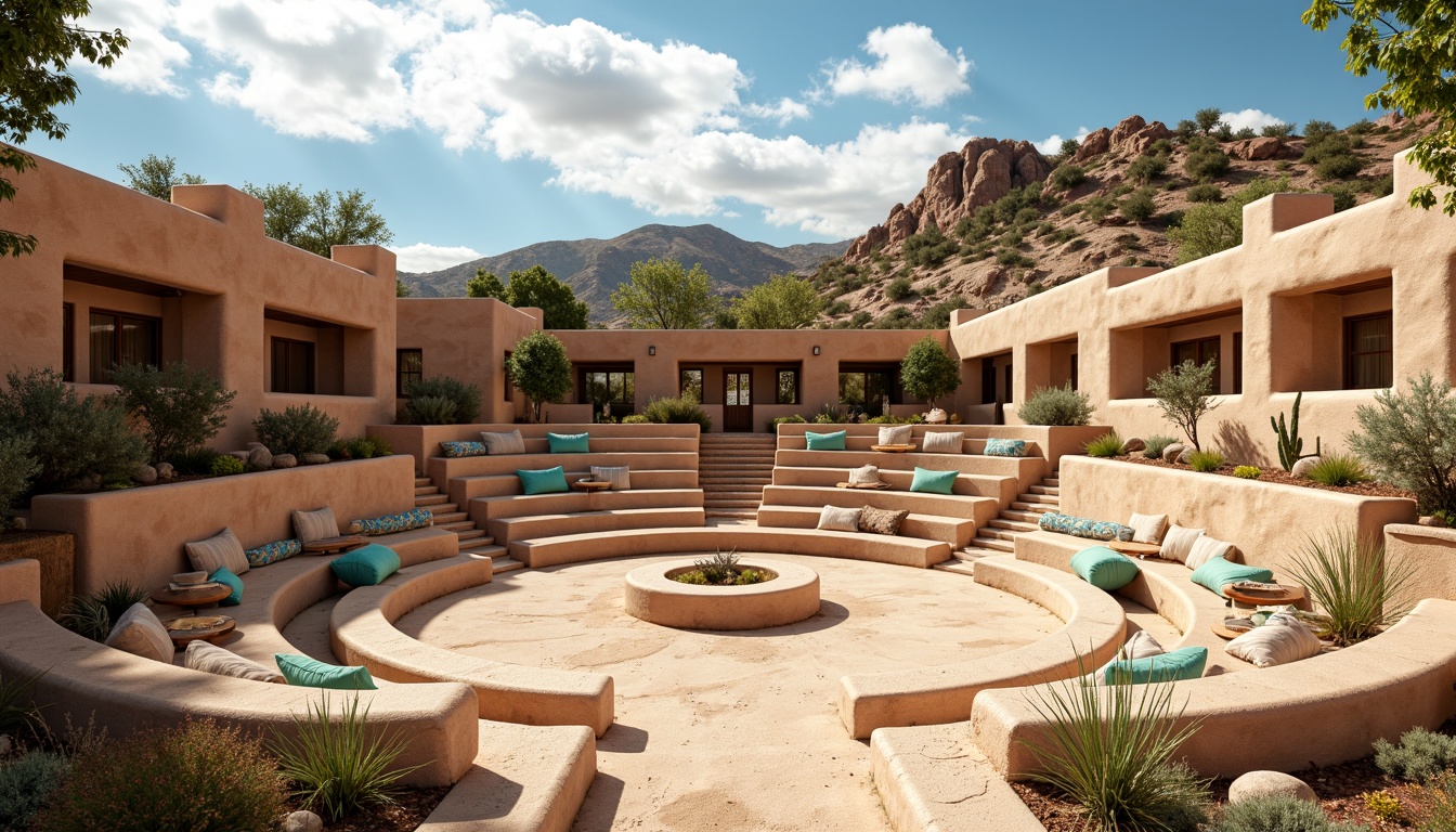 Prompt: Southwestern amphitheater, adobe-inspired architecture, rustic stone walls, curved seating areas, natural desert landscape, sandy terrain, cactus plants, vibrant turquoise accents, earthy tone color palette, wooden beams, woven textiles, geometric patterns, tribal-inspired motifs, warm sunny day, soft diffused lighting, 3/4 composition, panoramic view, realistic textures, ambient occlusion.