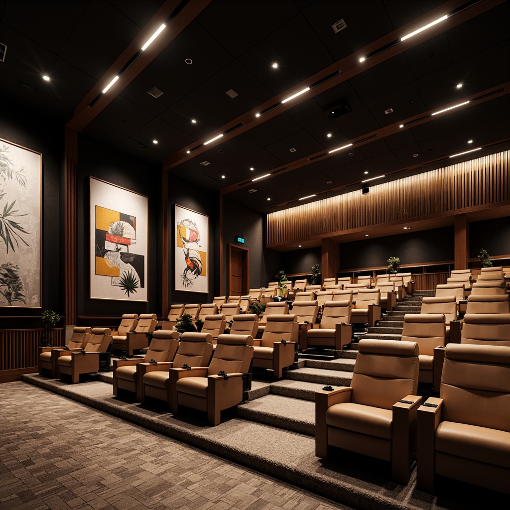 Prompt: Contemporary theater interior, innovative seating arrangement, curved rows, reclining chairs, adjustable armrests, premium leather upholstery, metallic accents, minimalist decor, LED floor lighting, dimmable overhead lights, abstract art installations, geometric patterns, bold color schemes, soundproofing materials, acoustic panels, state-of-the-art audio equipment, panoramic views, 1/2 composition, shallow depth of field, warm ambient glow, realistic textures.