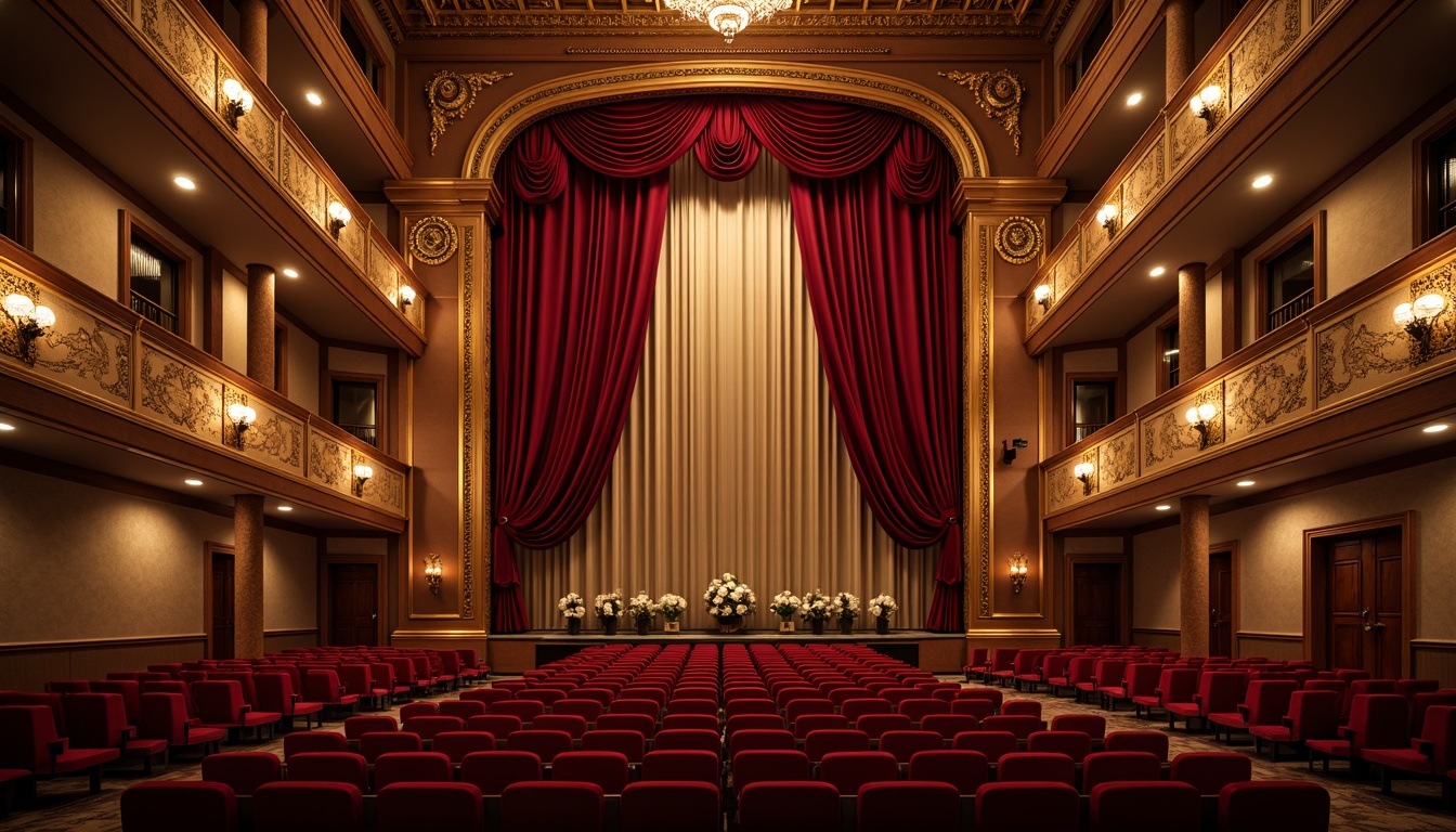 Prompt: Elegant theater interior, rich velvet curtains, luxurious golden accents, soft warm lighting, subtle gradient walls, ornate moldings, plush red seats, dramatic stage lighting, sophisticated chandeliers, opulent drapery, intricate architectural details, grandiose high ceilings, refined wood tones, sumptuous textiles, lavish decorative patterns.