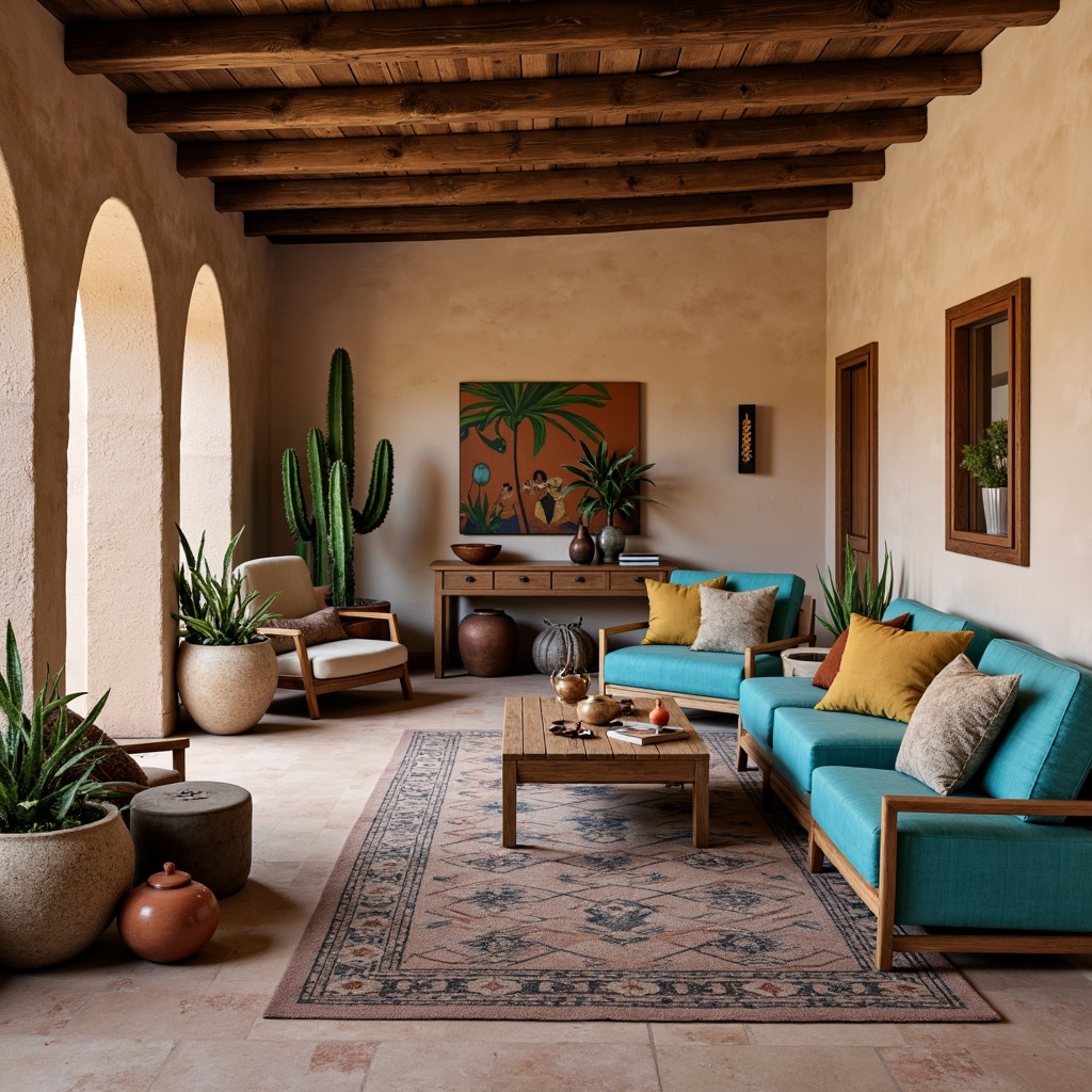 Prompt: Adobe earth tones, natural stone walls, wooden beams, rustic metal accents, woven textiles, vibrant turquoise hues, geometric patterned rugs, plush furnishings, desert botanicals, cactus arrangements, earthenware pottery, Native American-inspired artwork, warm soft lighting, shallow depth of field, 1/1 composition, intimate atmosphere, cozy nooks, earthy scent, organic shapes, handcrafted decorative elements.