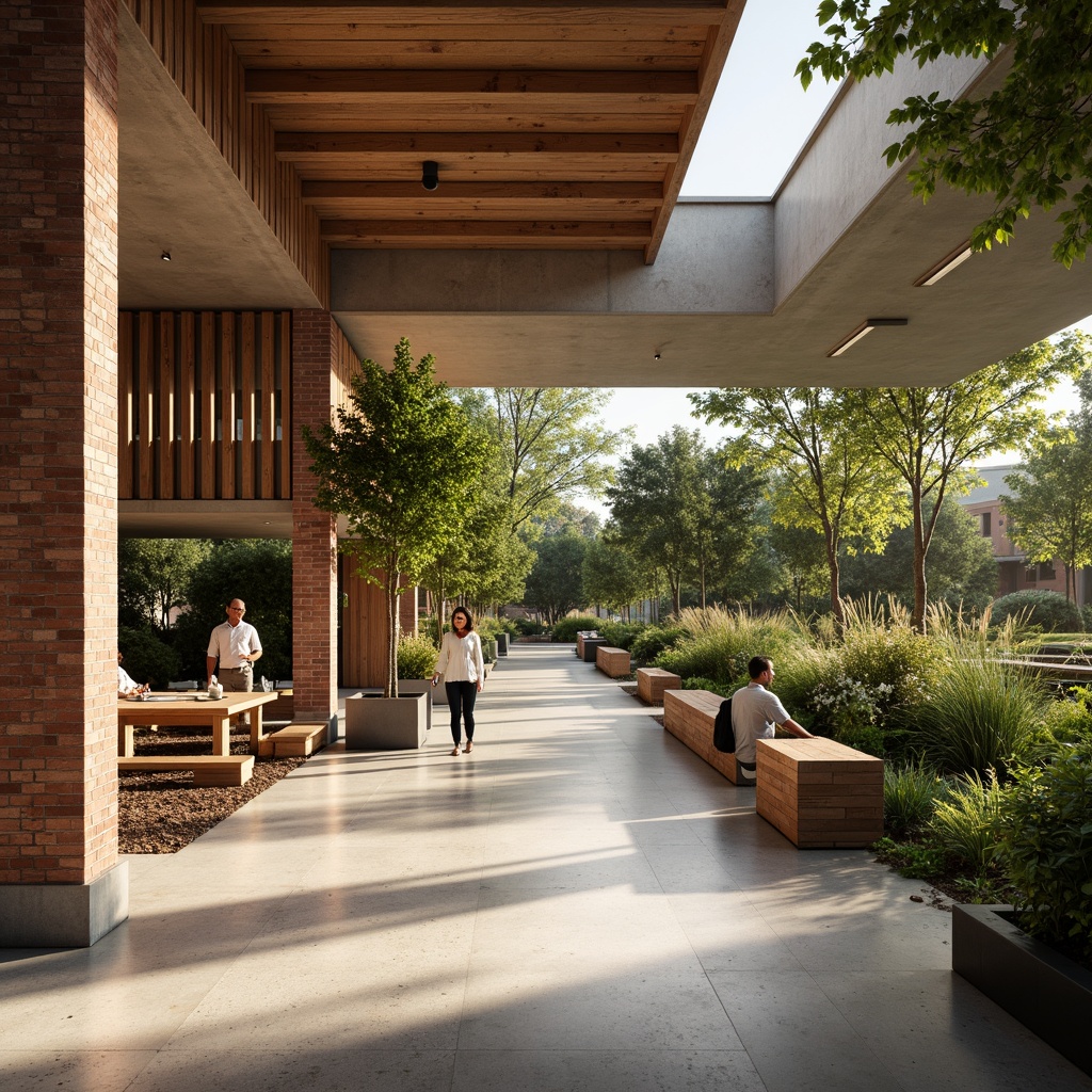 Prompt: Earthy tones, natural materials, minimalist community center, exposed brick walls, polished concrete floors, reclaimed wood accents, simple geometric shapes, clean lines, monochromatic color scheme, abundant greenery, potted plants, living walls, soft warm lighting, shallow depth of field, 1/1 composition, realistic textures, ambient occlusion, subtle shadows, calm atmosphere.