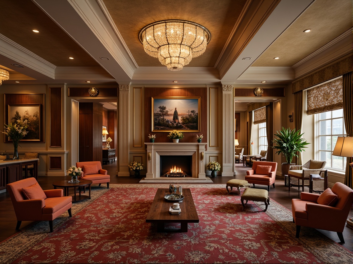 Prompt: Elegant hotel lobby, rich wooden accents, plush velvet armchairs, ornate metal frames, crystal chandeliers, luxurious carpets, classic columns, intricate moldings, warm beige walls, comfortable sofas, rustic wooden coffee tables, vintage decorative accessories, soft warm lighting, 3/4 composition, realistic textures, ambient occlusion.