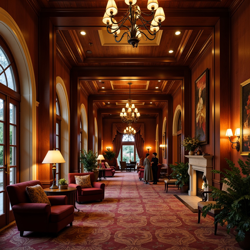 Prompt: Warm traditional hotel lobby, rich wood accents, ornate chandeliers, soft warm lighting, table lamps, floor lamps, cozy fireplaces, plush armchairs, velvet drapes, classic furniture pieces, intricate molding details, elegant archways, luxurious carpets, ambient glow, 1/2 composition, shallow depth of field, warm color palette, inviting atmosphere.