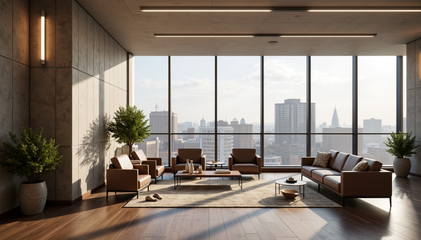 Prompt: Professional office setting, calm atmosphere, neutral color scheme, beige walls, dark wood furniture, sleek metal accents, comfortable seating areas, natural light, floor-to-ceiling windows, urban city views, modern minimalist decor, subtle texture variations, earthy tone carpets, sophisticated lighting fixtures, 3/4 composition, shallow depth of field, realistic reflections.