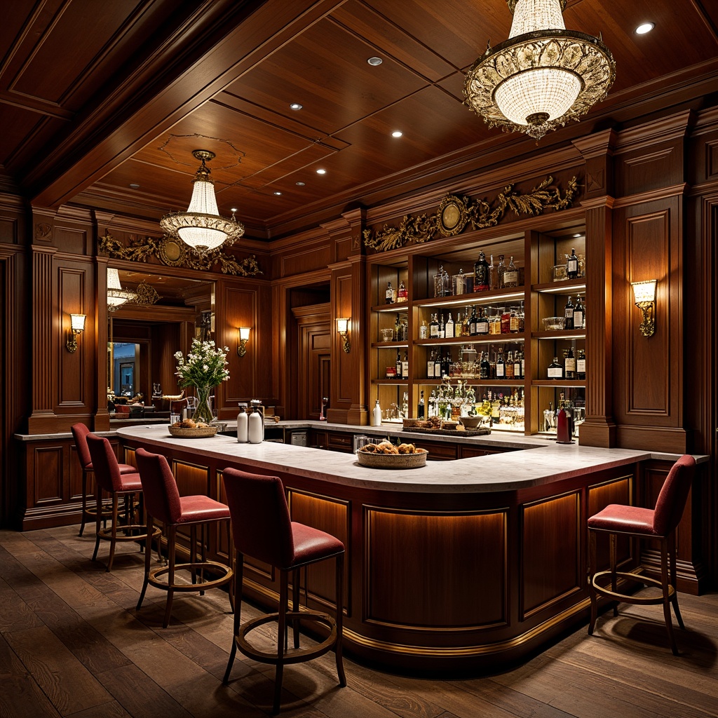 Prompt: Opulent home bar, rich wood tones, ornate carvings, gilded accents, velvet upholstery, crystal chandeliers, antique fixtures, curved lines, intricate moldings, luxurious marble countertops, tufted stools, golden hardware, dramatic lighting, warm ambient glow, shallow depth of field, 2/3 composition, intimate atmosphere, realistic textures.