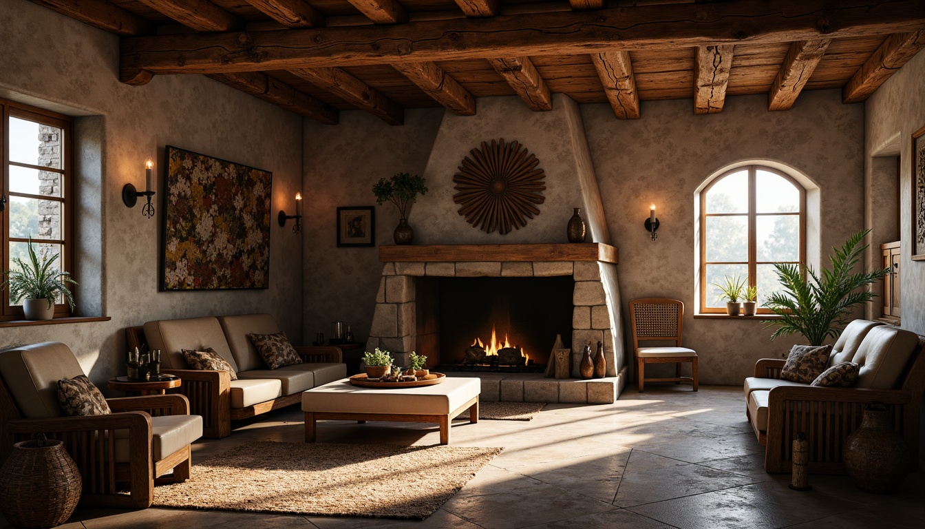 Prompt: Rustic cottage, natural stone walls, earthy tones, wooden beams, vintage furniture, distressed finishes, cozy atmosphere, warm candlelight, soft shadows, 1/1 composition, shallow depth of field, realistic textures, ambient occlusion.