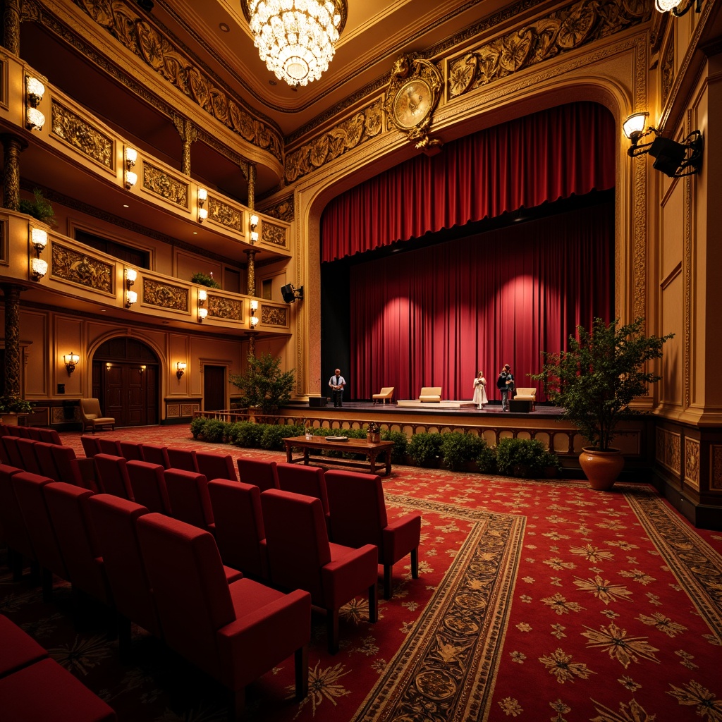 Prompt: Elegant traditional theater, ornate chandeliers, warm golden lighting, rich velvet curtains, intricate wooden carvings, luxurious red carpets, ornamental metal railings, grand stage with crimson drapes, majestic crystal sconces, subtle ambient glow, soft warm spotlights, dramatic high-contrast lighting, 1/2 composition, shallow depth of field, warm color temperature, realistic textures, ambient occlusion.