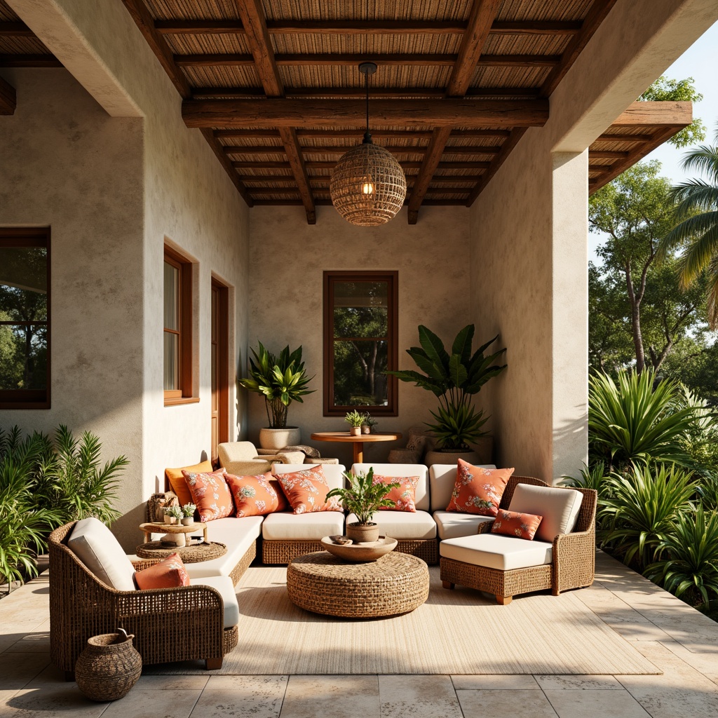 Prompt: Exotic island villa, natural stone walls, woven bamboo textures, rattan furnishings, lush greenery, vibrant floral patterns, warm beige hues, soft sandy tones, coral-inspired accents, driftwood decorations, tropical leaf motifs, textured stucco finishes, earthy terracotta tiles, reclaimed wood accents, ocean-breeze inspired color palette, ambient warm lighting, 1/2 composition, natural atmosphere, realistic material textures.