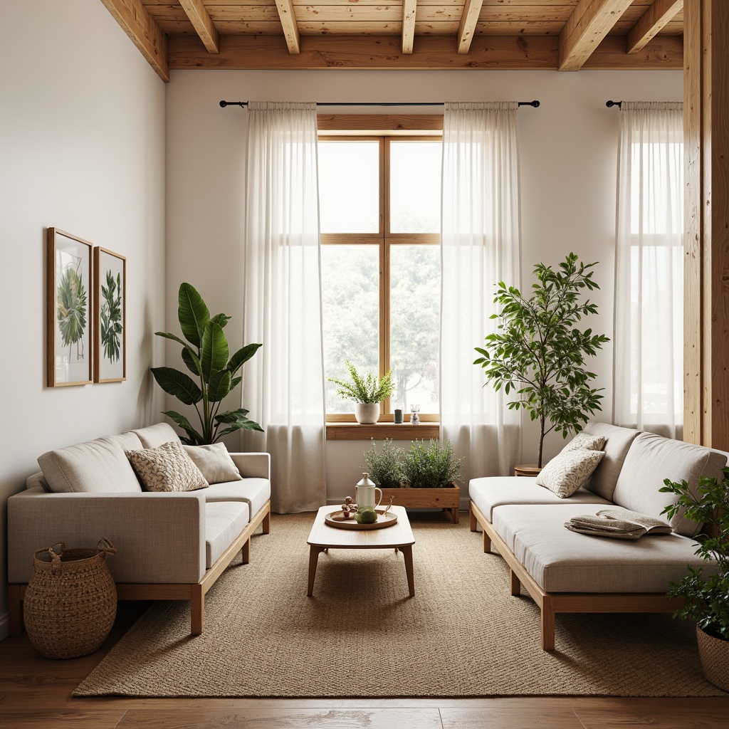 Prompt: Cozy living room, Nordic minimalism, natural wood accents, light-colored walls, large windows, soft warm lighting, sheer curtains, minimalist furniture, woven textiles, nature-inspired patterns, greenery, potted plants, botanical prints, airy atmosphere, high ceilings, wooden floorboards, Scandinavian design elements, functional simplicity, calm ambiance, gentle shadows, 1/1 composition, soft focus, realistic textures.