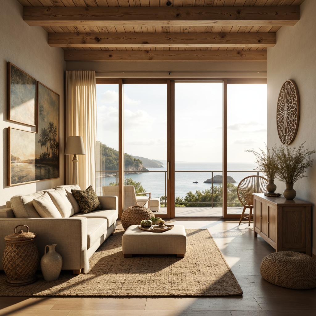 Prompt: Soft warm sunlight, coastal vibe, beachy atmosphere, light-filled rooms, large windows, sliding glass doors, ocean views, sandy neutrals, driftwood accents, natural textiles, woven fibers, jute rugs, linen fabrics, distressed wood finishes, rustic metal decor, nautical elements, shells, pebbles, sea salt air, gentle breeze, 1/1 composition, soft focus, warm color palette, cozy ambiance.