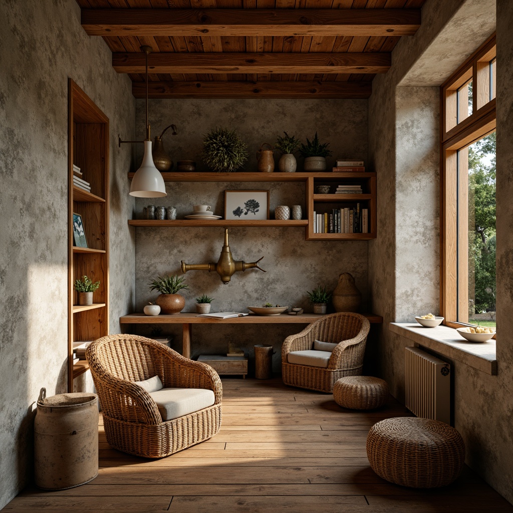 Prompt: Rustic wooden accents, reclaimed wood flooring, natural stone walls, earthy color palette, organic textures, woven wicker furniture, handmade ceramics, botanical prints, vintage metal fixtures, distressed finishes, cozy reading nooks, warm candlelight, soft diffused lighting, shallow depth of field, 1/1 composition, intimate atmosphere, realistic materials, ambient occlusion.