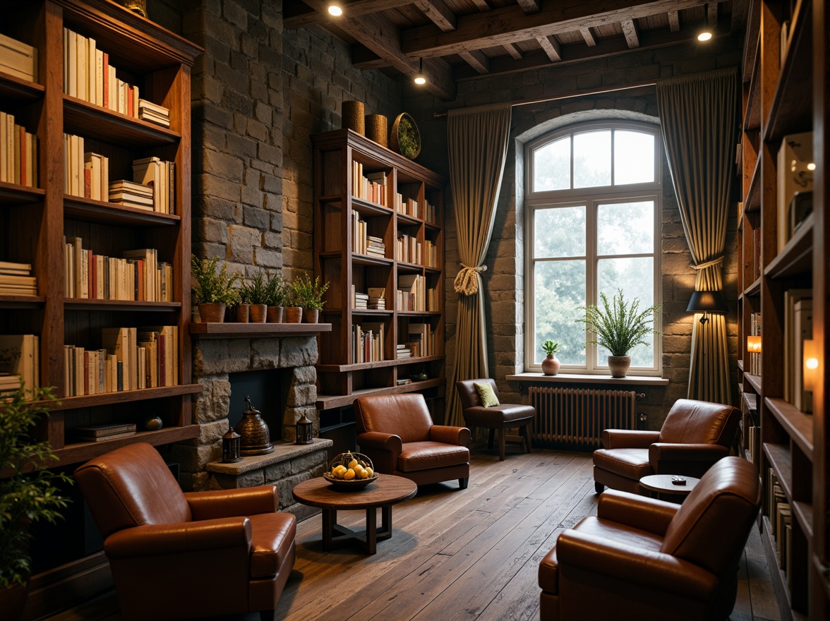 Prompt: Rustic library interior, warm wooden shelves, vintage leather armchairs, distressed stone walls, earthy color palette, rich wood tones, moss green accents, warm beige bookcases, ornate metal lanterns, cozy reading nooks, soft candlelight, atmospheric foggy morning, shallow depth of field, 1/2 composition, cinematic lighting, realistic textures, ambient occlusion.