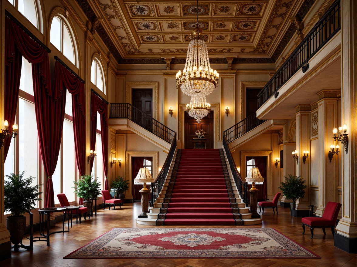 Prompt: Luxurious palace, grand staircase, ornate furnishings, rich velvet fabrics, gilded accents, intricate carvings, marble columns, high ceilings, crystal chandeliers, warm golden lighting, polished wood floors, inlaid stone patterns, ornamental metalwork, decorative rugs, lavish textiles, 3/4 composition, shallow depth of field, warm color palette, realistic reflections.