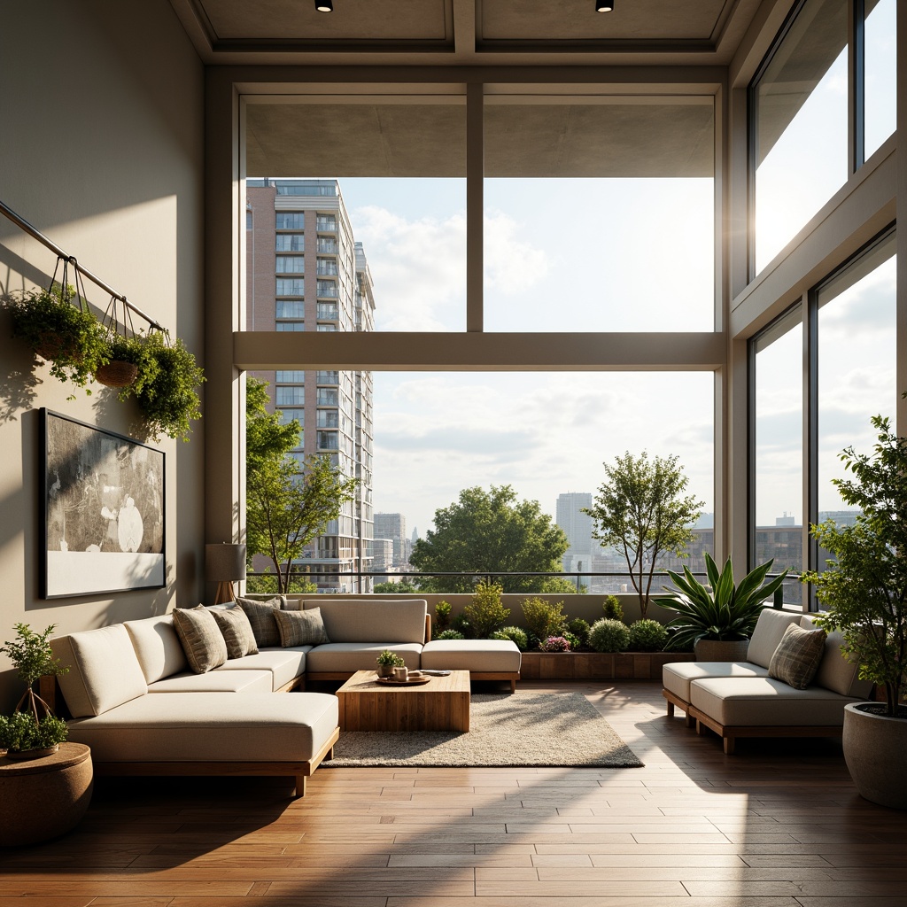 Prompt: Minimalist interior, open-plan living area, high ceilings, large windows, natural light, wooden flooring, sleek lines, modern furniture, comfortable seating, cozy reading nook, lush greenery, potted plants, hanging gardens, urban views, cityscape backdrop, warm afternoon sunlight, soft shadows, shallow depth of field, 3/4 composition, realistic textures, ambient occlusion.