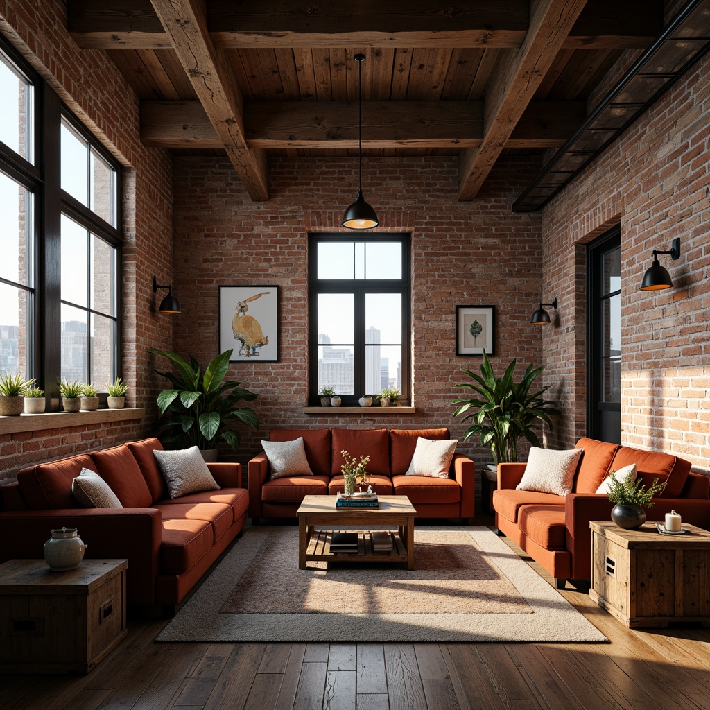 Prompt: Exposed brick walls, wooden beams, industrial metal accents, distressed wood flooring, vintage furniture pieces, rich velvet fabrics, ornate metalwork details, warm earthy tones, cozy atmospheric lighting, rustic wooden crates, antique decorative items, soft natural textiles, eclectic art collections, open-plan living spaces, high ceilings, urban city views, minimalist decor, functional industrial elements, subtle color palette, warm golden lighting, 1/1 composition, realistic material renderings.