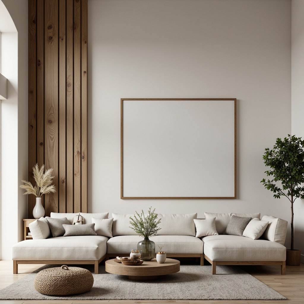 Prompt: Monochromatic color scheme, clean lines, minimal ornaments, natural materials, wooden accents, sleek furniture, neutral tones, abundant negative space, sparse decorations, subtle textures, soft warm lighting, shallow depth of field, 1/1 composition, realistic render, ambient occlusion.