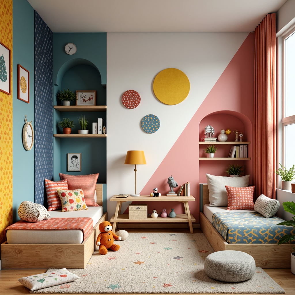 Prompt: Whimsical kid's room, bright colors, playful patterns, textured wallpapers, 3D geometric shapes, colorful polka dots, fun stripes, cute cartoon characters, soft fabric wall hangings, natural wood accents, modern minimalist shelving, cozy reading nooks, warm task lighting, shallow depth of field, 1/1 composition, vibrant accent walls, eclectic mix-and-match decor, youthful energy, lively atmosphere.