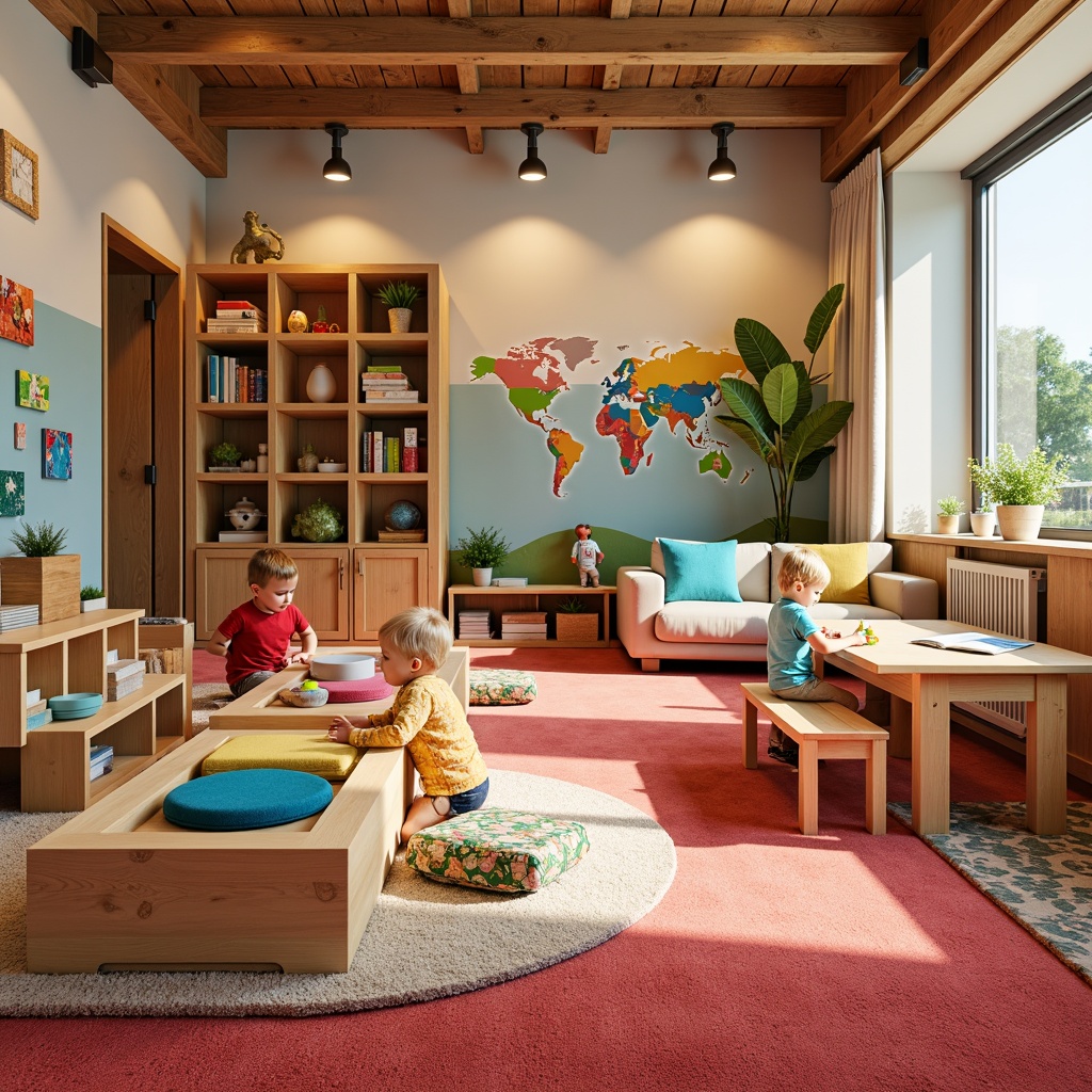 Prompt: Vibrant playroom, colorful wall art, soft plush carpets, kid-friendly furniture, sturdy wooden tables, comfortable cushions, rounded edges, safe storage units, educational toys, interactive learning tools, bright overhead lighting, cozy reading nooks, whimsical decorative accents, playful patterned fabrics, ergonomic chair designs, durable materials, easy-to-clean surfaces, 3/4 composition, warm natural lighting, shallow depth of field.