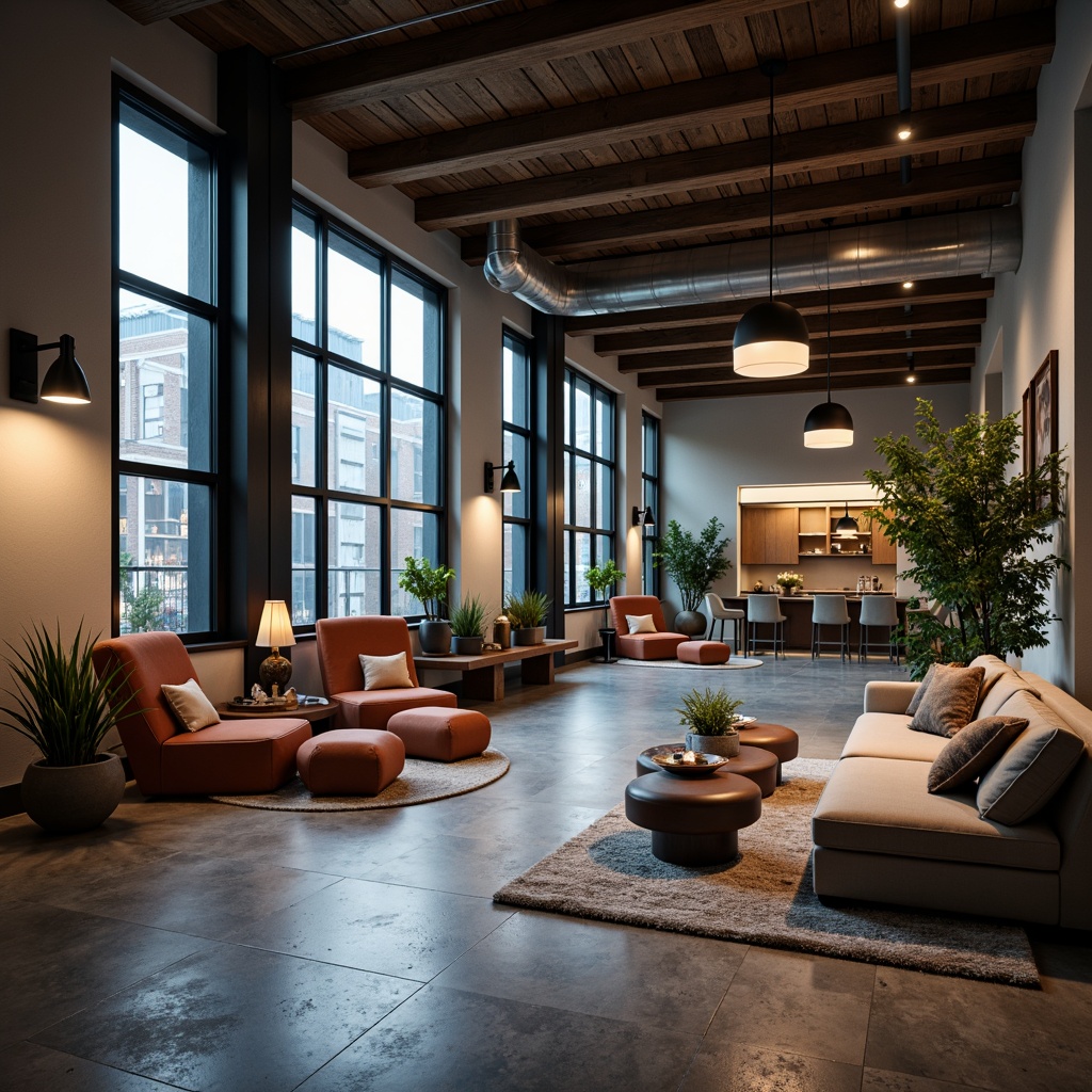 Prompt: Modern interior space, sleek lines, minimalist decor, warm ambient lighting, soft glowing lamps, pendant light fixtures, floor-to-ceiling windows, natural daylight, subtle color palette, polished concrete floors, industrial-chic exposed ductwork, urban loft atmosphere, cozy reading nooks, plush area rugs, metallic accents, recessed lighting, dramatic shadows, 1/1 composition, high contrast ratio, warm white balance, soft focus blur.