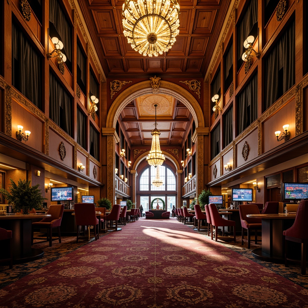 Prompt: Opulent casino interior, grand chandeliers, intricately carved wooden panels, lavish furnishings, velvet drapes, ornate gold accents, intricate stone carvings, majestic archways, dramatic vaulted ceilings, stained glass windows, rich tapestries, luxurious fabrics, regal color scheme, warm golden lighting, deep shadows, 1/2 composition, low-angle shot, cinematic atmosphere, highly detailed textures, ambient occlusion.