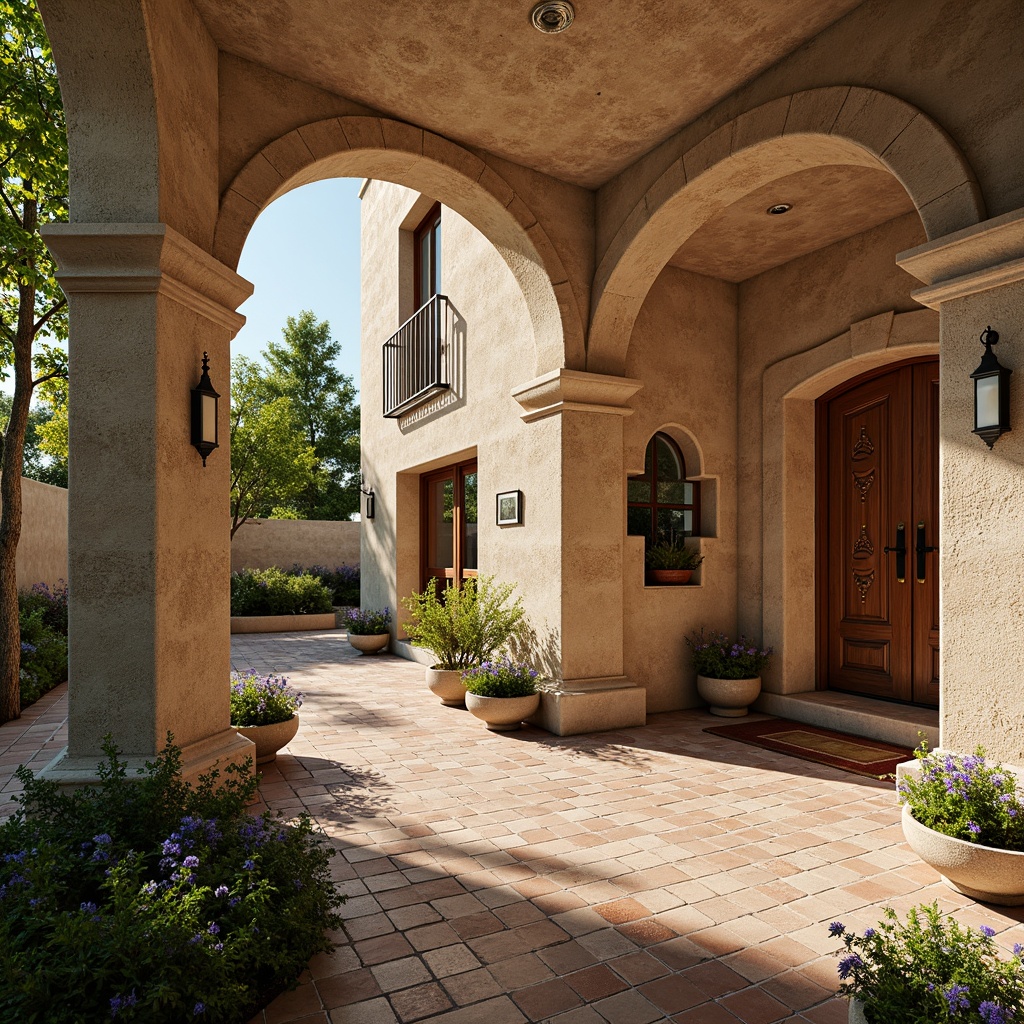 Prompt: Warm Mediterranean villa, textured stone walls, curved archways, ornate wooden doors, rustic terracotta tiles, vibrant turquoise accents, lush greenery, blooming flowers, wrought iron balconies, soft warm lighting, shallow depth of field, 3/4 composition, panoramic view, realistic textures, ambient occlusion.