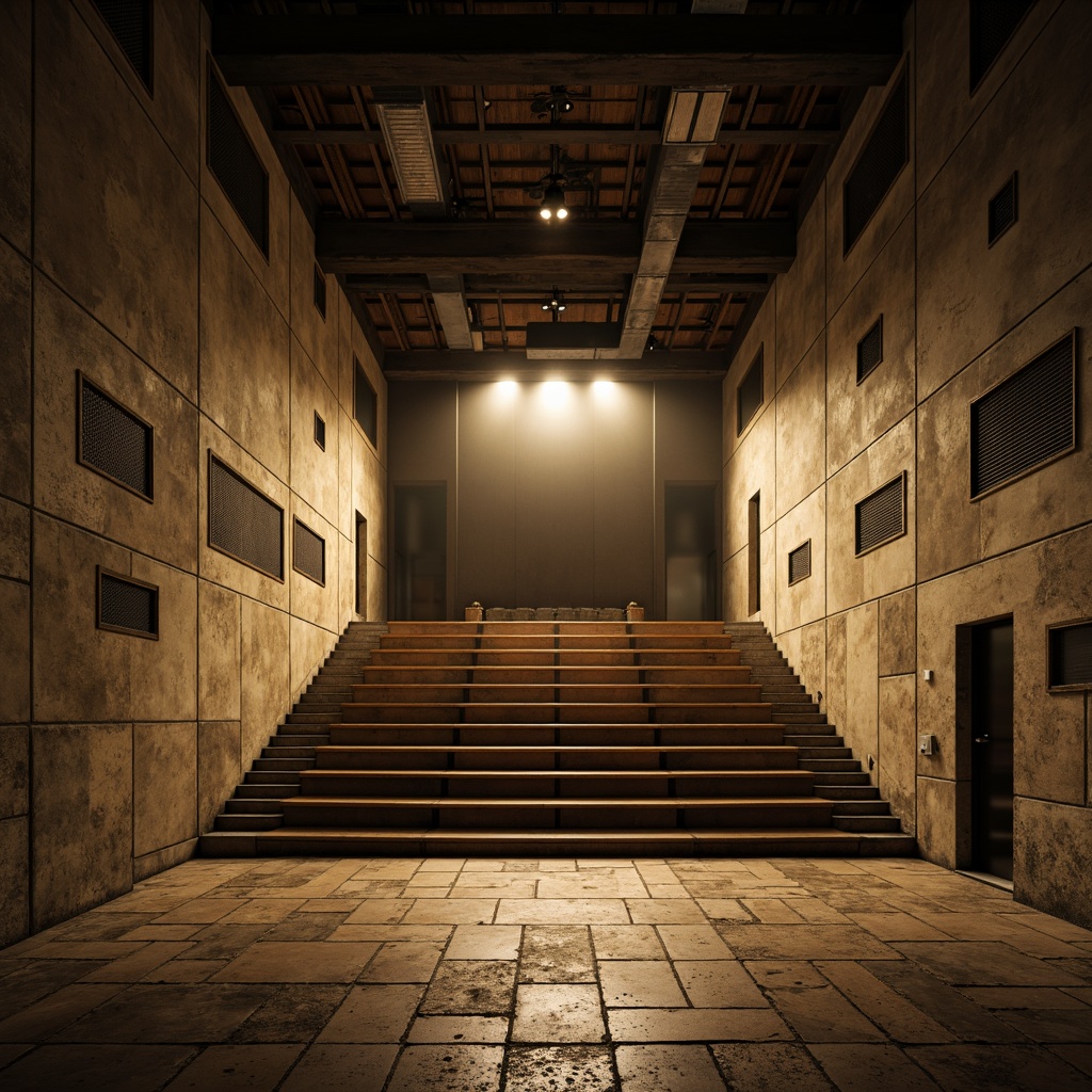 Prompt: Rugged auditorium interior, brutalist architecture style, raw concrete walls, exposed ductwork, industrial metal beams, wooden or steel benches, tiered seating arrangement, steep rake, dramatic spotlights, warm golden lighting, rustic stone flooring, minimalist decor, functional simplicity, bold geometric shapes, monochromatic color scheme, dynamic shadows, 1/2 composition, cinematic perspective, high contrast ratio, realistic textures.