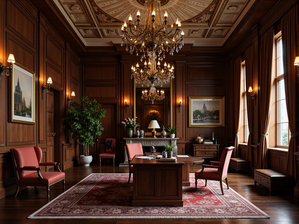 Prompt: Elegant office space, classicism style, ornate furnishings, rich wood tones, luxurious fabrics, sophisticated color palette, crystal chandeliers, bronze sconces, opulent pendant lights, intricate metalwork, subtle warm glow, soft diffused lighting, ambient illumination, 3/4 composition, realistic textures, shallow depth of field, ornate ceiling details, crown molding, wainscoting, leather-bound books, vintage decorative items.