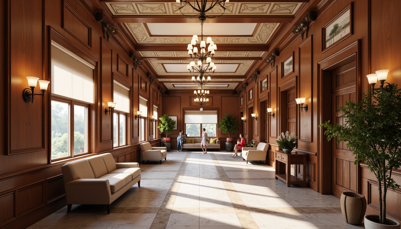 Prompt: Rich wood paneling, ornate moldings, luxurious furnishings, grand chandeliers, soft warm lighting, comfortable patient rooms, elegant waiting areas, intricate hand-painted ceilings, classic European-inspired motifs, premium marble floors, lavish decorative fixtures, stately columns, dignified nurse stations, serene atmosphere, calming color palette, gentle natural light, 1/1 composition, shallow depth of field, realistic textures, ambient occlusion.