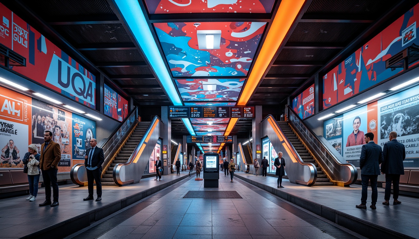 Prompt: Vibrant metro station interior, futuristic expressionist architecture, bold geometric patterns, neon-lit advertisements, stainless steel beams, industrial-style lighting fixtures, sleek escalators, modernized ticketing systems, urban cityscape views, bustling pedestrian traffic, dynamic angular lines, abstract art installations, metallic surfaces, LED displays, high-contrast color schemes, dramatic shadows, cinematic atmosphere, shallow depth of field, 2/3 composition, low-angle shot, vivid textures, ambient occlusion.